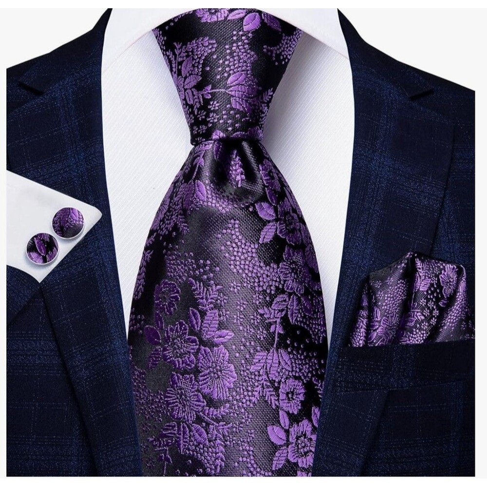 Tie Set Hi-Tie Mens Purple Flower Business Necktie Handkerchief Cufflinks